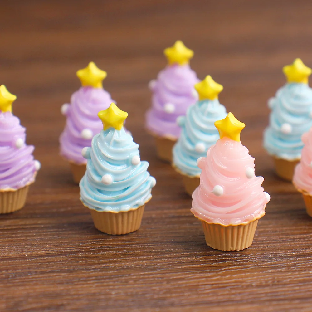 10pcs Simulated Christmas Tree Star Cupcakes Resin Accessories DIY Christmas Ornaments, Dollhouse Decoration Handmade Materials