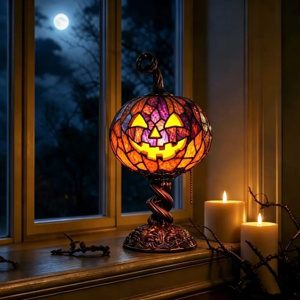 Halloween Pumpkin Decor Lamp Resin Craft Table Ornament Retro Style Atmosphere Light Creative Festival Gift Present