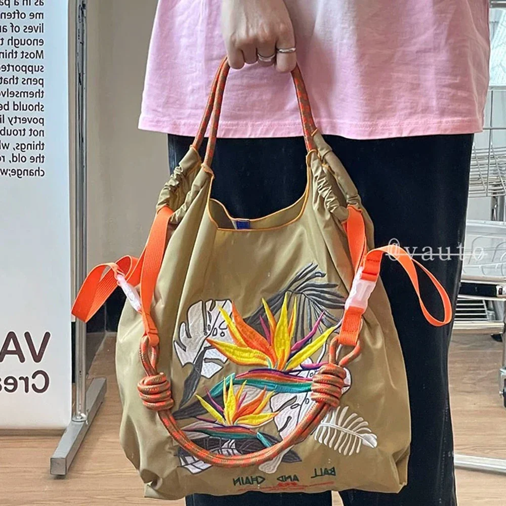 Large Leaf Embroidery Tote Bag Leaves Shoulder Bag Tropical Rain Forest Handbags Nylon Shopper Purses Designer Bags for Women