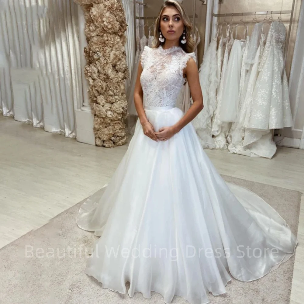 

Elegant Lace Princess Wedding Dresses High Neck A-Line Ruched Sleeveless Pageant Appliques Bridal Gowns Vestido De Novia