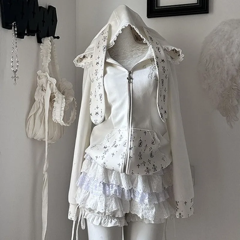 Bunny Y2K Hoodie Aesthetic Cute Rabbit Ear Lace Jacket Splicing Zip Up Jacket Girl Sweet Thin Cardigan Long Sleeve Autumn Top