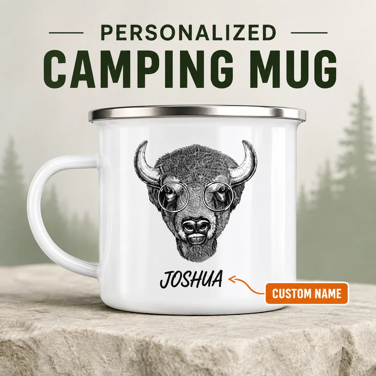 Personalized Custom Enamel Camping Mug Personalized Mountain Print Coffee Cup Campfire Tea Drinkware Unique Gift for Coworker