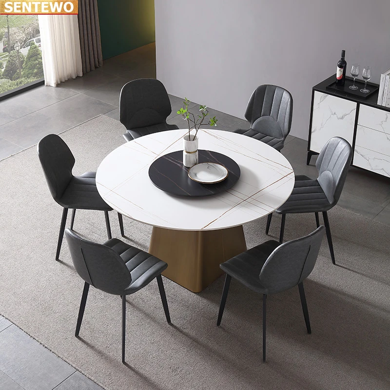 Designer Luxury round kitchen Marble Rock Slab dining table set 4 chairs mesa a manger furniture meuble marbre Carbon steel base