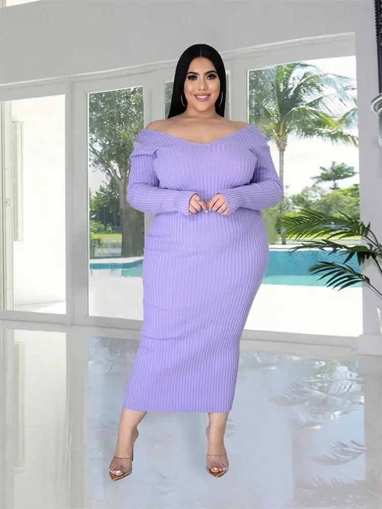 Ladies Knitted Sweater Dress Midi Dress Long Sleeves Chic and Elegant Plus Size Dresses for Women 4xl 5xl Wholesale Dropshipping