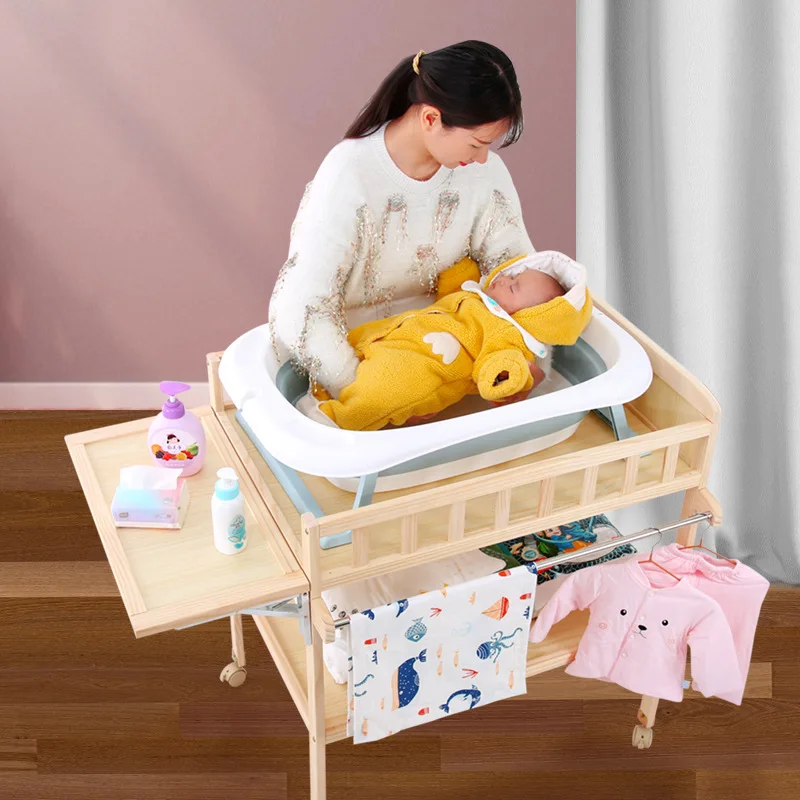 Solid wood multifunctional baby massage touch diaper table practical table mobile rack bassinet