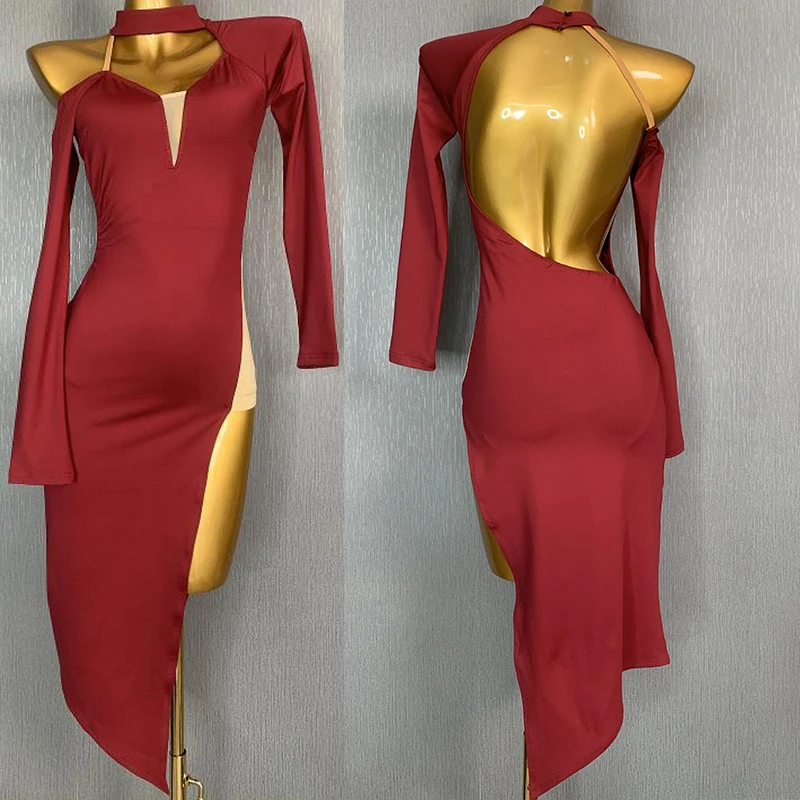 Burgundy Latin Dance Dress Women Long SLeeves Backless Sexy Latin Performance Costume Adult Rumba Practice Dancewear DNV17297