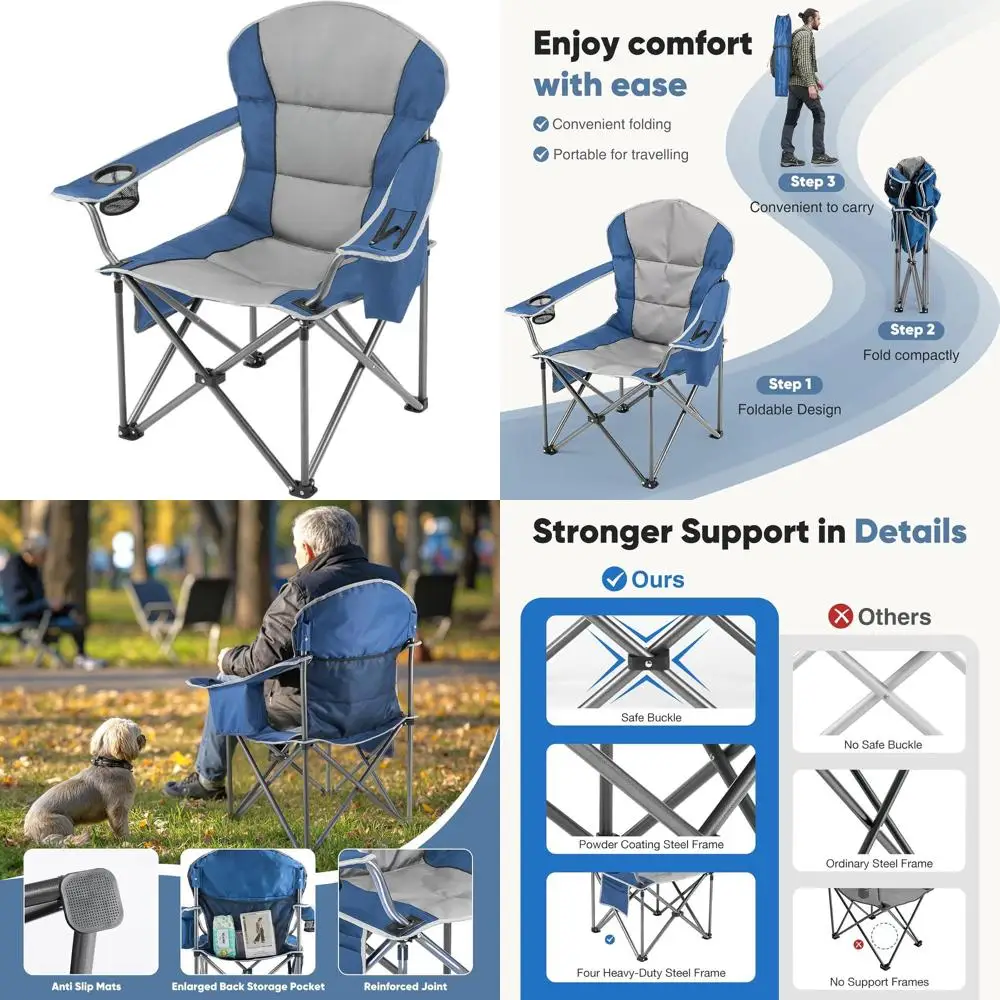 

Collapsible Padded Camping Chairs with Cup Holder and Cooler Bag, Durable Outdoor Beach Garden Furniture, Blue