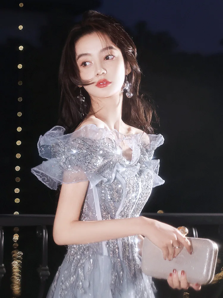 N1160 الفتيات النساء فساتين السهرة الطويلة الملابس الحلو الذاكرة مثير قبالة الكتف فستان رمادي الذاكرة الحلوة فستان رسمي أنيق