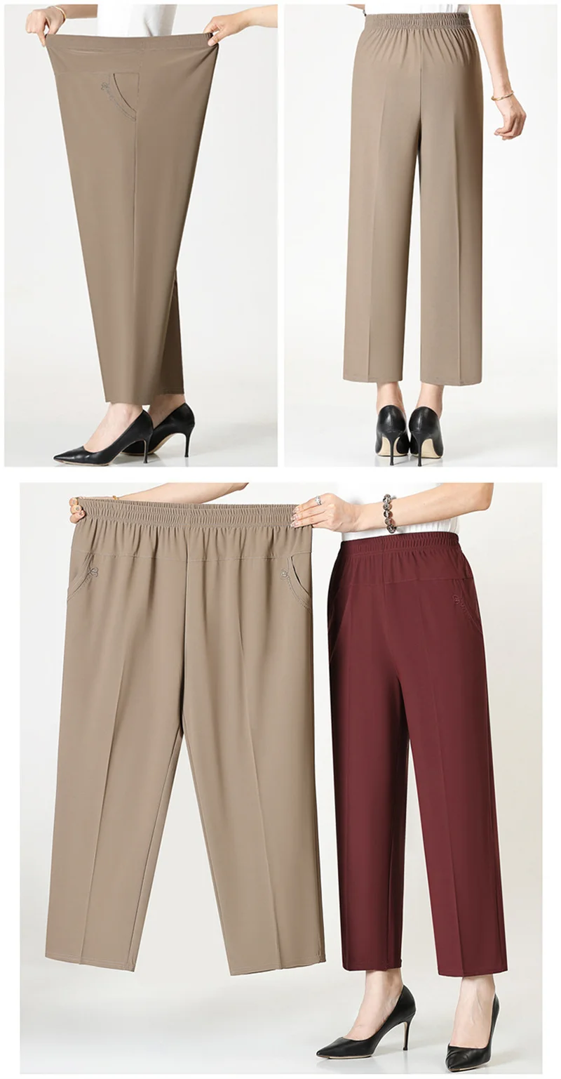 Extra Large Mom Summer Straight Pants Middle-Aged Women Elastic High Waist Grandma Ice Silk Cropped Pants Female Casual Pants