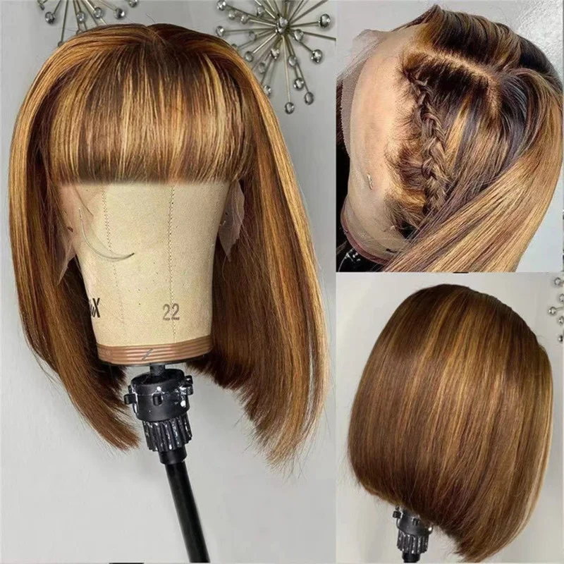 Women's short with air bangs, BOBO style, brown-gold mixed color, synthetic fiber, full head net wig