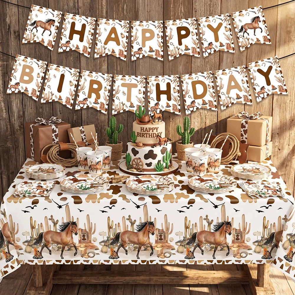 Western Cowboy Party Dekorationen Wilder Westen Pferde Pappteller Becher Servietten Tischdecke Happy Birthday Banner Baby Shower Zubehör