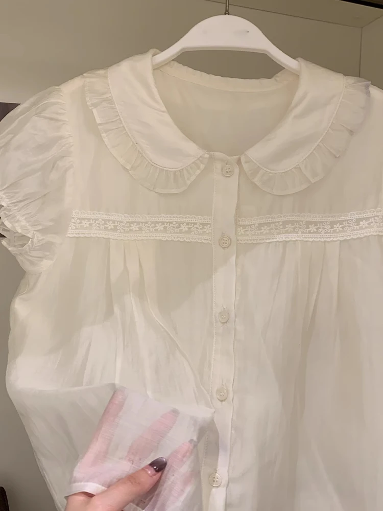 

Cute White ort Sve Doll Collar irt Women's Faion Summer New Sle Small Size Lovely Beautiful Blouse Sweet Sle