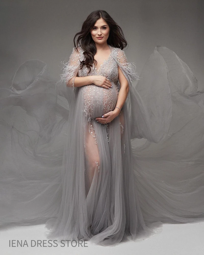 18139 Silber grau besetzt Pailletten Tüll Mutterschaft Fotoshooting Kleid für Baby party V-Ausschnitt schwangere Frauen Kleid mit Feder Quaste