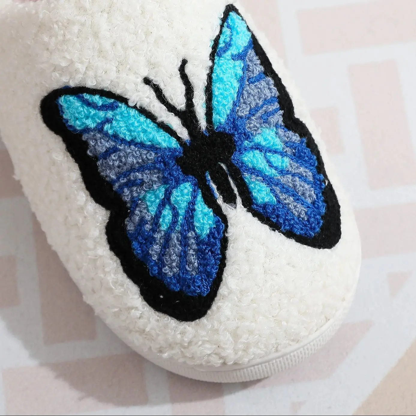 Butterfly Pattern Embroidery stuffed Home Thick Bottom plaid Furry Cotton Slippers Warm Non-slip Indoor Drag