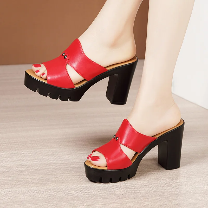 Women High Heels Summer Slippers Woman Open Toe Casual Block Heel Platform Genuine Leather Shoes Summer 32-43 Women Sandals