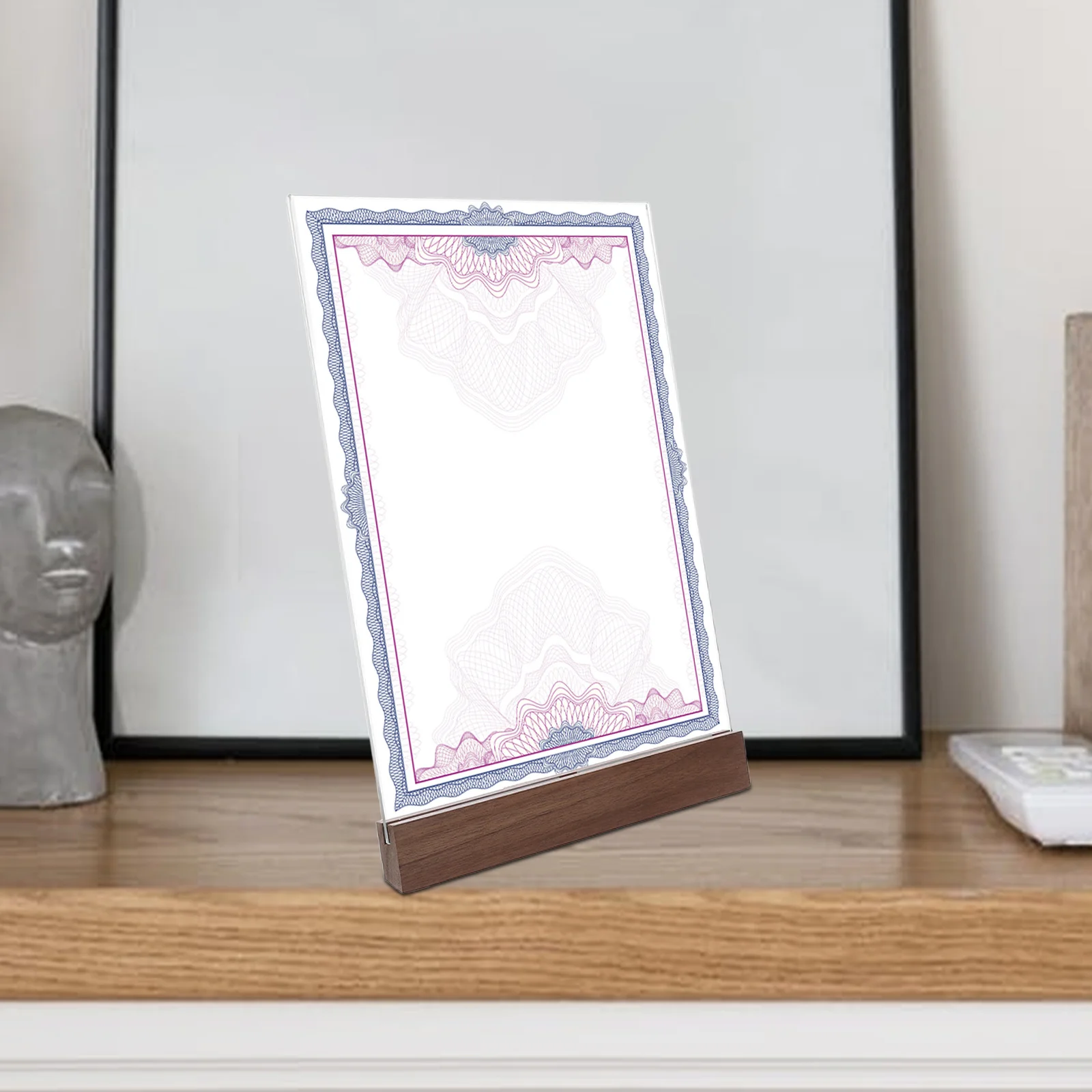 Doppelseitiger Schilderhalter aus klarem Acryl mit Nussbaumholzsockel, Tischplatte, Menüständer, Präsentationsrahmen für Diplom, Zertifikat, Flyer
