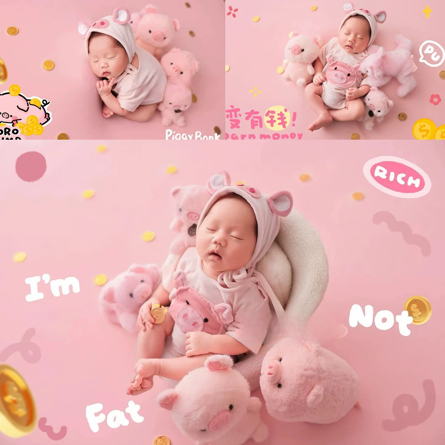 Newborn Photo Props for Baby Photoshoot Pink Cute Pig Theme Set Knitted Outfit with Hat Dolls Decors Backdrop Studio Photography