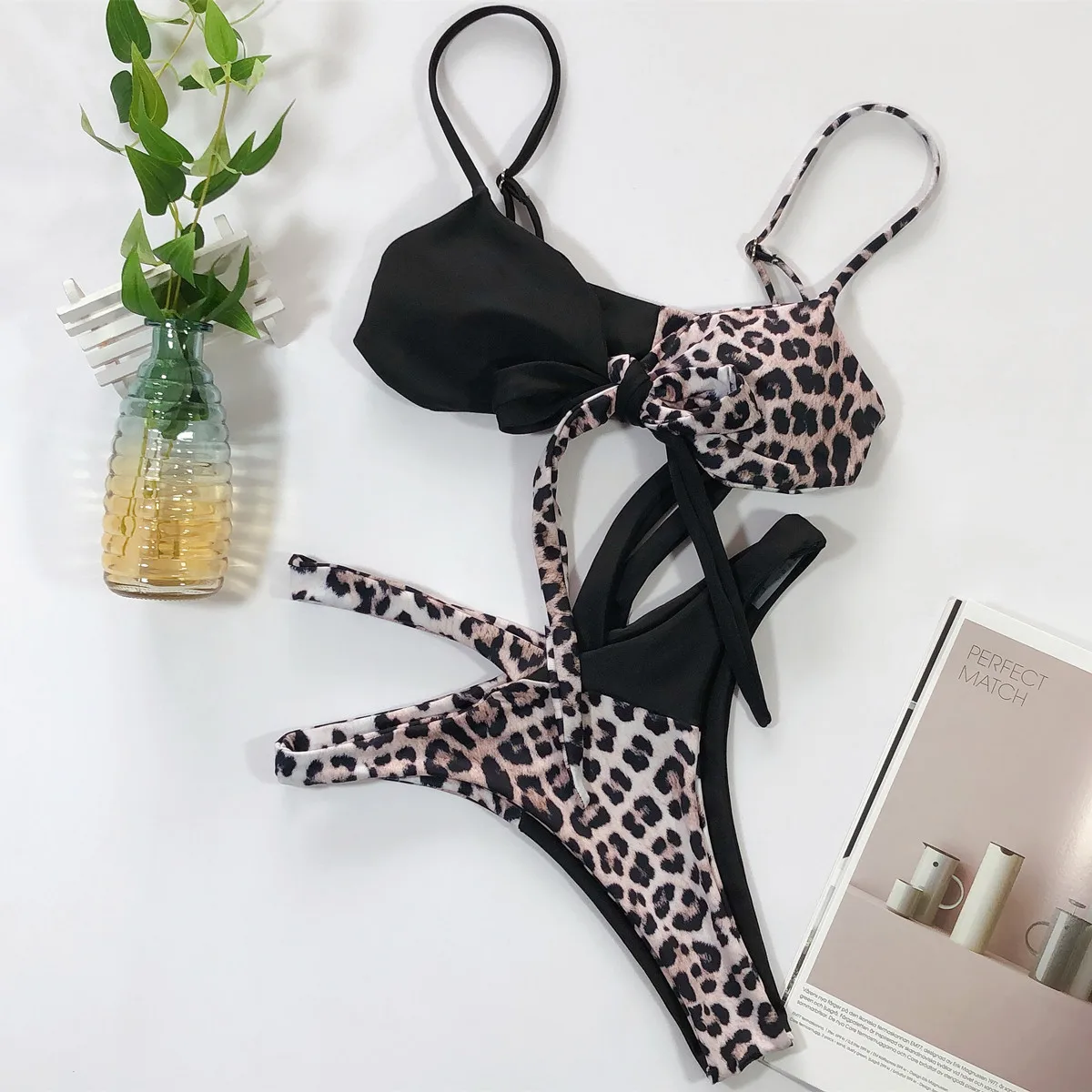 Women High Cut Bikini Swimming Suit Female Leopard Print Push Up Stitching Bikinis Set Sexy Beachwear Swimsuit