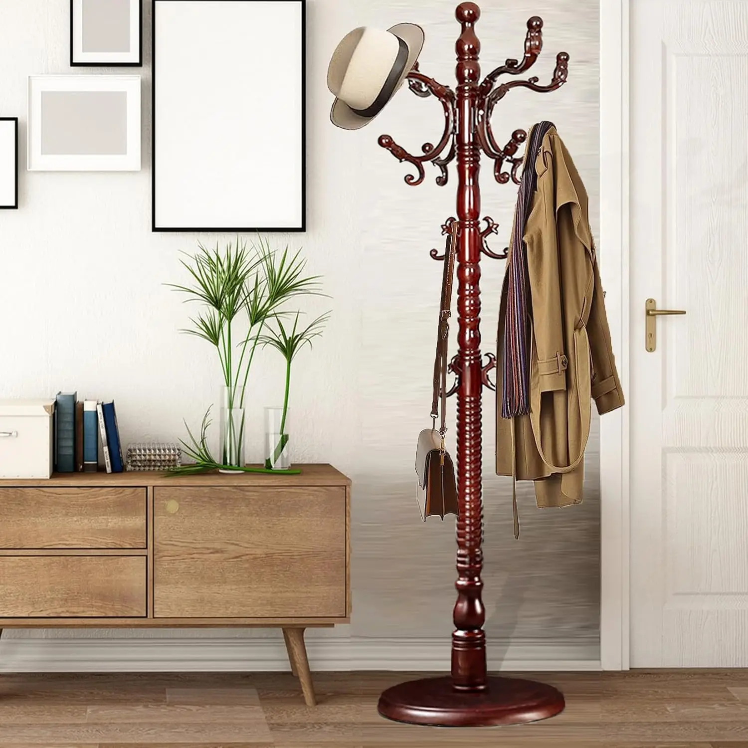 Coat Racks Free Standing with 14 Hooks, Natural Wood Coat Stands for Entryway, Adjustable Height 73 in Tree Coat Rack Stand for