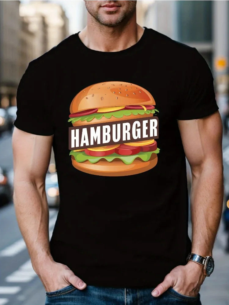 Men Casual Cotton Short Sleeve T Shirt Vivid Hamburger Burger Print Crew Neck Food Enthusiast Urban Daily Leisure Outfit Tee