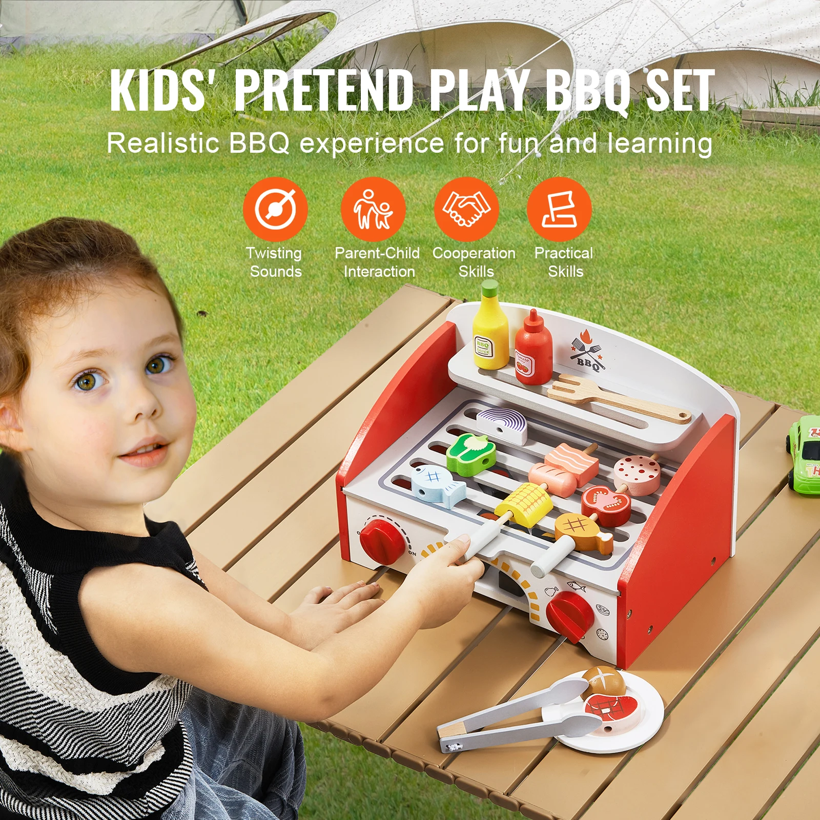 Kids BBQ Grill Playset, Wooden Play Food Kitchen Accessory (26 PCS), Indoor/Outdoor Interactive Pretend Play Toys for Boys Girls Ages 3+ Gift, Wooden Grill Playset With Realistic Carbon Fire