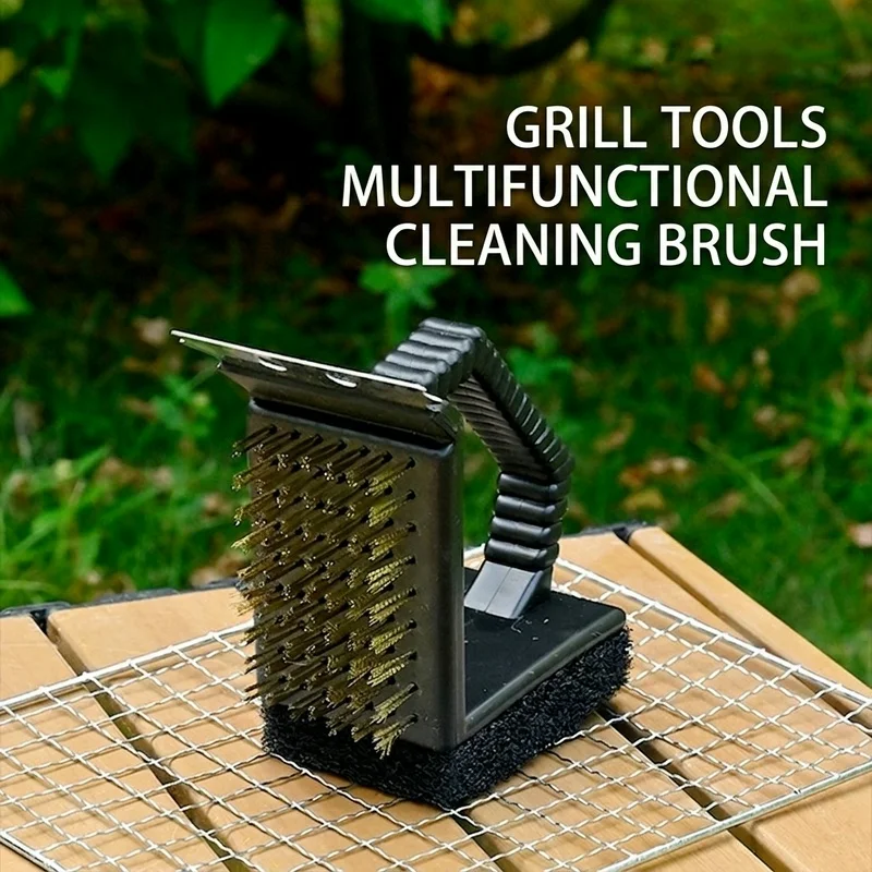 Camping Cleaning Brush Stainless Steel Spatula Copper Wire Brush Multifunctional Non-Slip With Sponge Bbq Outdoors Barbecue Tool
