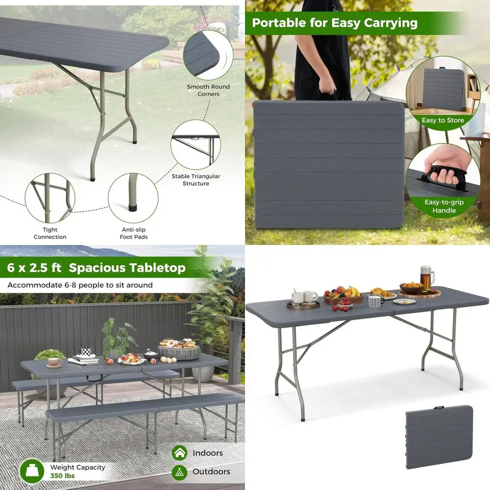 

HDPE Folding Table 6ft - Metal Legs, Portable for Outdoors and Indoors, Ideal for Picnics, Camping, Parties (Gray)