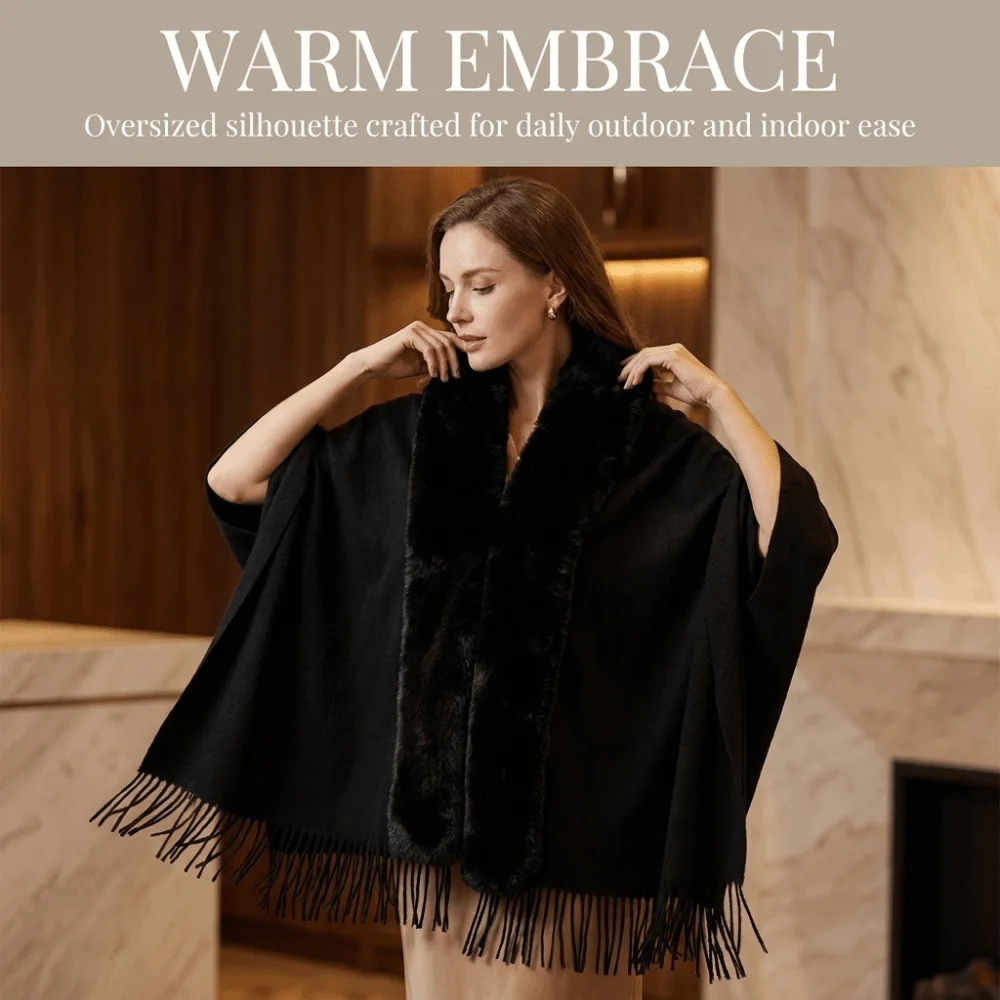 Minimalist Oversized Faux Fur Collar Shawl Soft Warm Lining Oversized Warm Cape Polyester Solid Color Wrap Poncho Winter