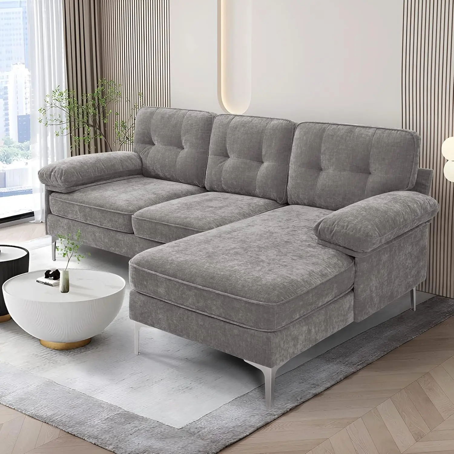 Sectional Sofa Couch with Chaise 3 Seats L Shape Reversible Sofa Comfy Modern Chenille Fabric Convertible Couch for Living Room