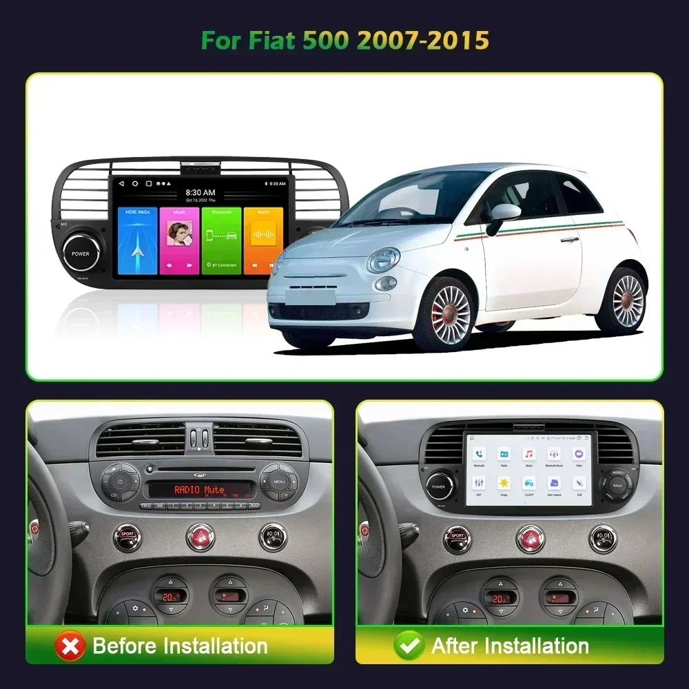 For Fiat 500 2007-2015 Multimedia GPS Auto Car Radio BT WiFi Android 13 GPS Navigation Carplay 2 Din Screen Stereo