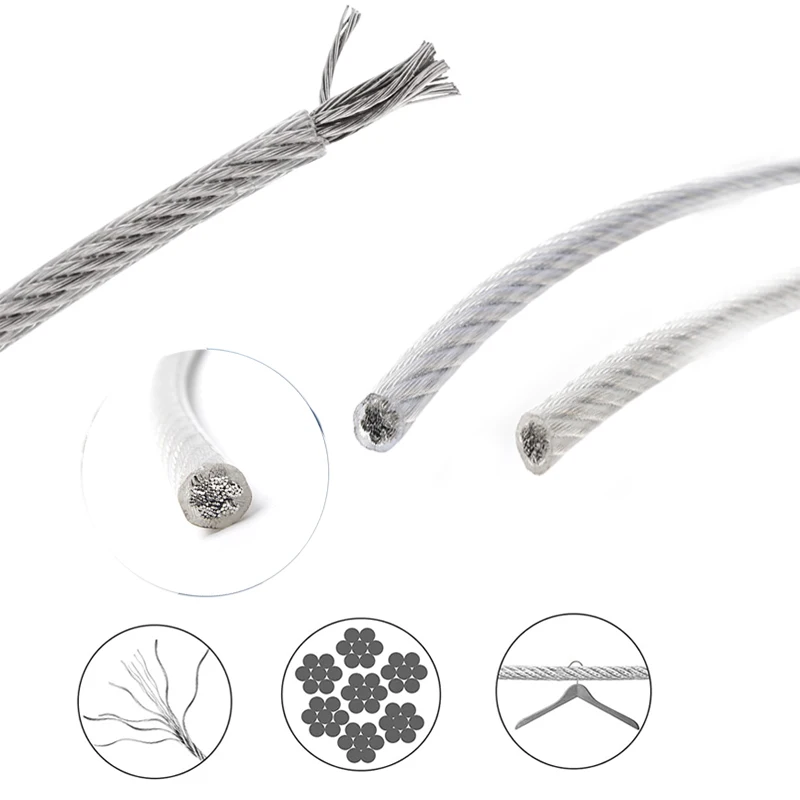 5/10m 7*7plastic-coated stainless steel wire rope Rubberized rope balcony grape trellis rope 0.6mm/0.8mm/1mm/1.2mm/1.5mm/2mm/3mm