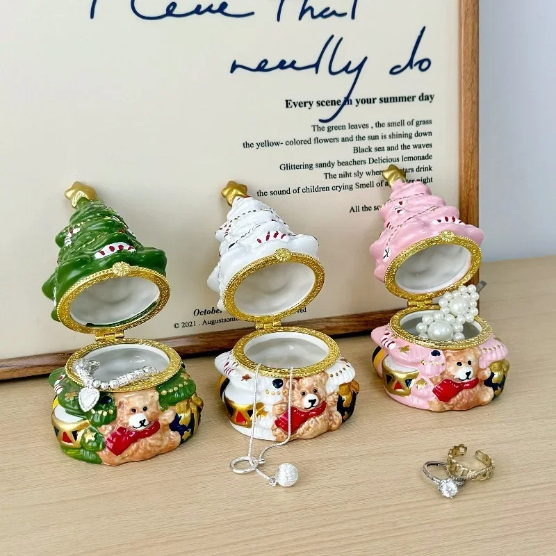 Ceramic Christmas Tree Trinket Box Vintage Mini Hinged Jewelry Box Exquisite Ring Holder Xmas Desktop Decor Gift
