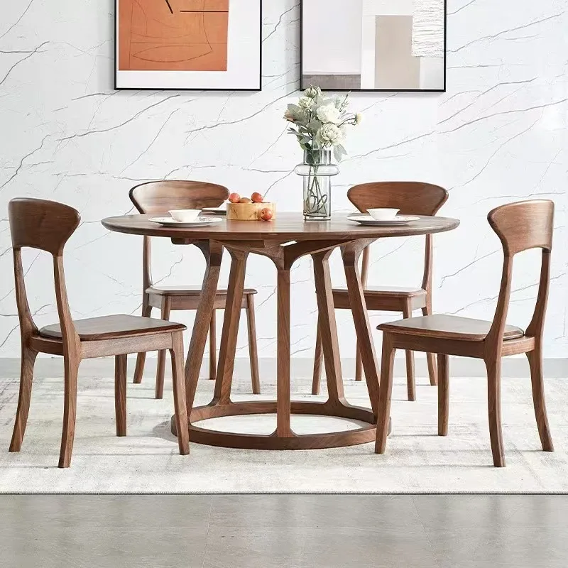 North American black walnut round dining table tenon and mortise combination with turntable dining table