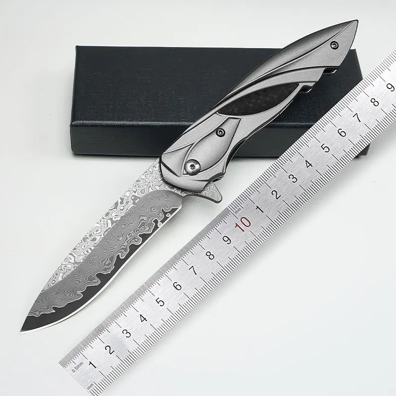 

Mermaid Damascus steel aluminum handle with carbon fiber, bearing folding knife, outdoor camping self-defense