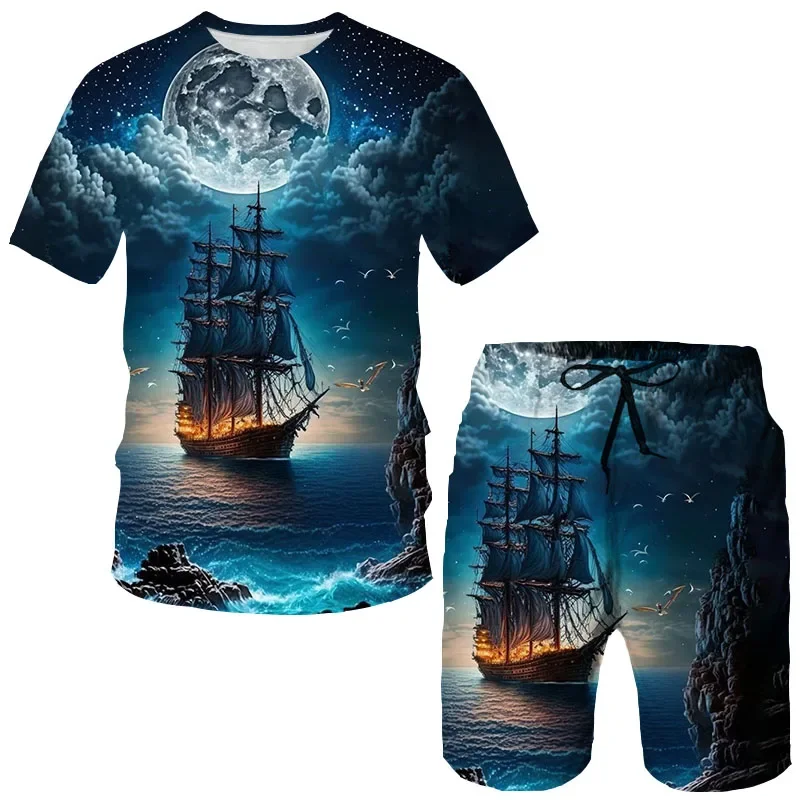 Summer Pirate ship 3D Printing T-Shirts Shorts Sets Men's Tracksuits Short Sleeve T-Shirt Pants Set Man Suits Clothing Oversized