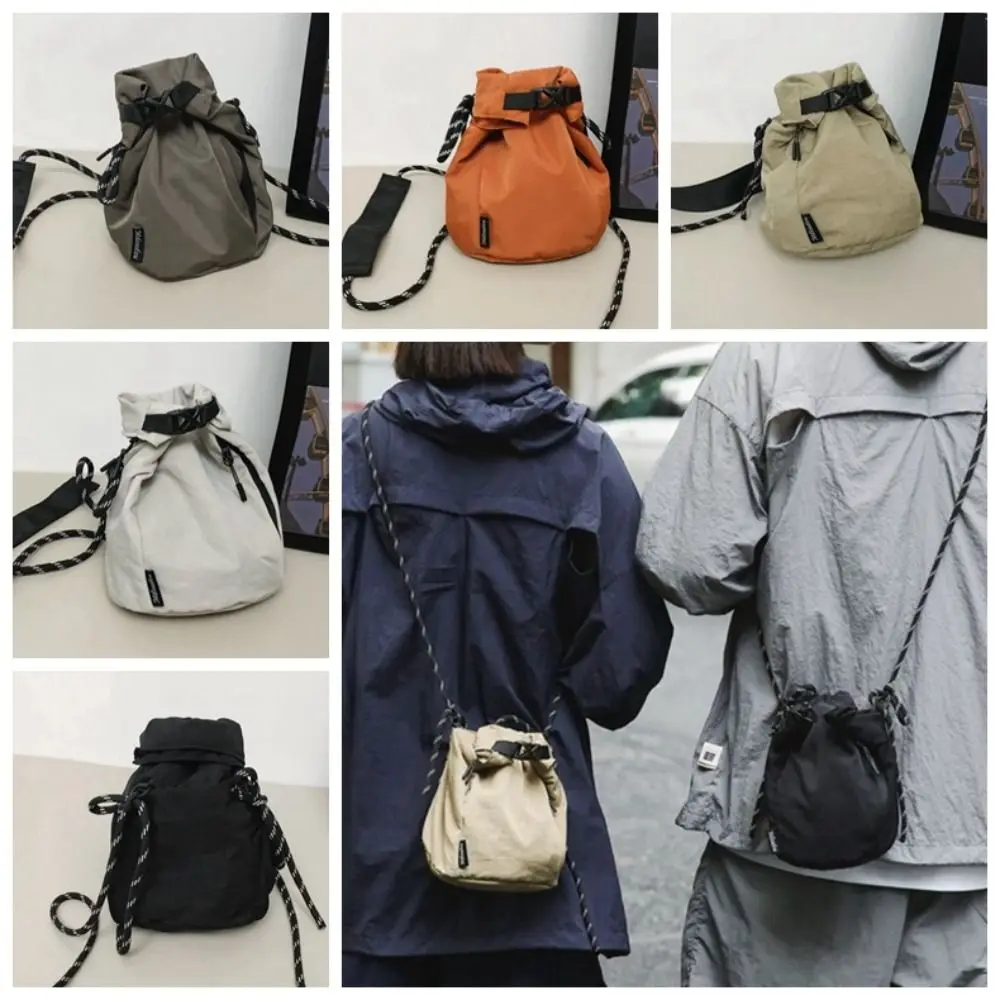 Bolsa de ombro de náilon estilo coreano com cordão balde saco moda cor sólida pequena bolsa crossbody