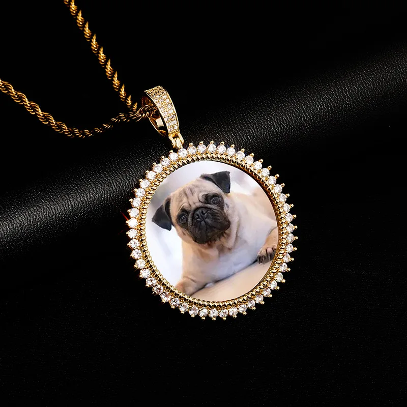 Sunflower Shaped Edge Custom Photo Pendant Round Medallion Micro‑Paved CZ Zircon DIY Memory Hip‑Hop Necklace Charm Wholesale