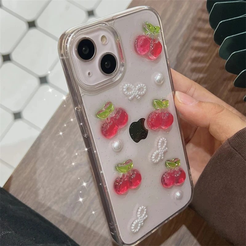 Glitter 3D Fruit Cherry Epoxy Phone Case For iPhone 16 15 14 13 12 11 Pro Max Mini 7 8 Plus X XR XS Max SE Clear Cute Soft Cover