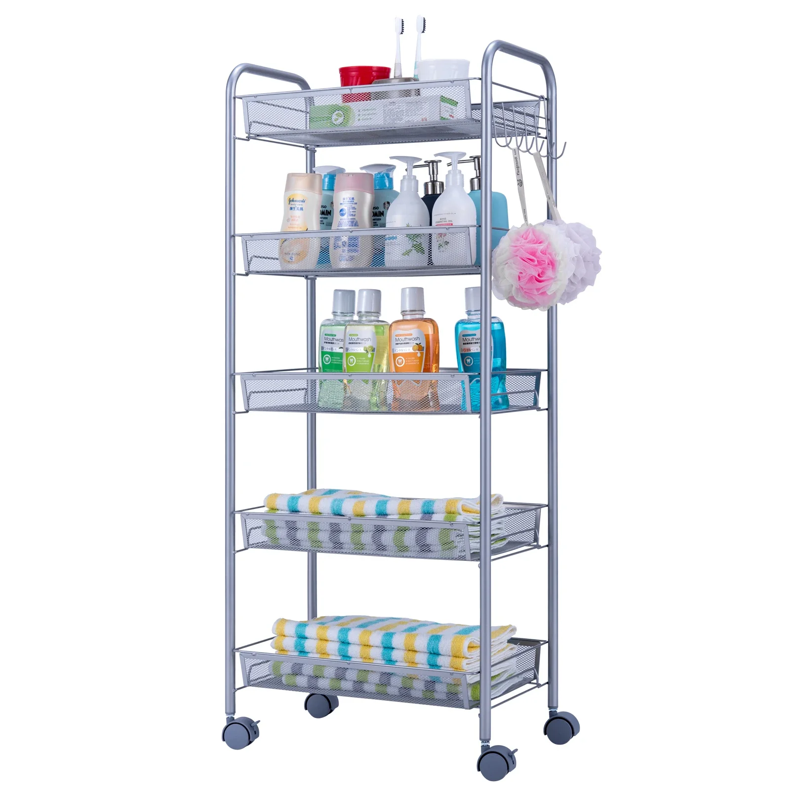 

Honeycomb mesh style five layer detachable storage cart silver with wheels