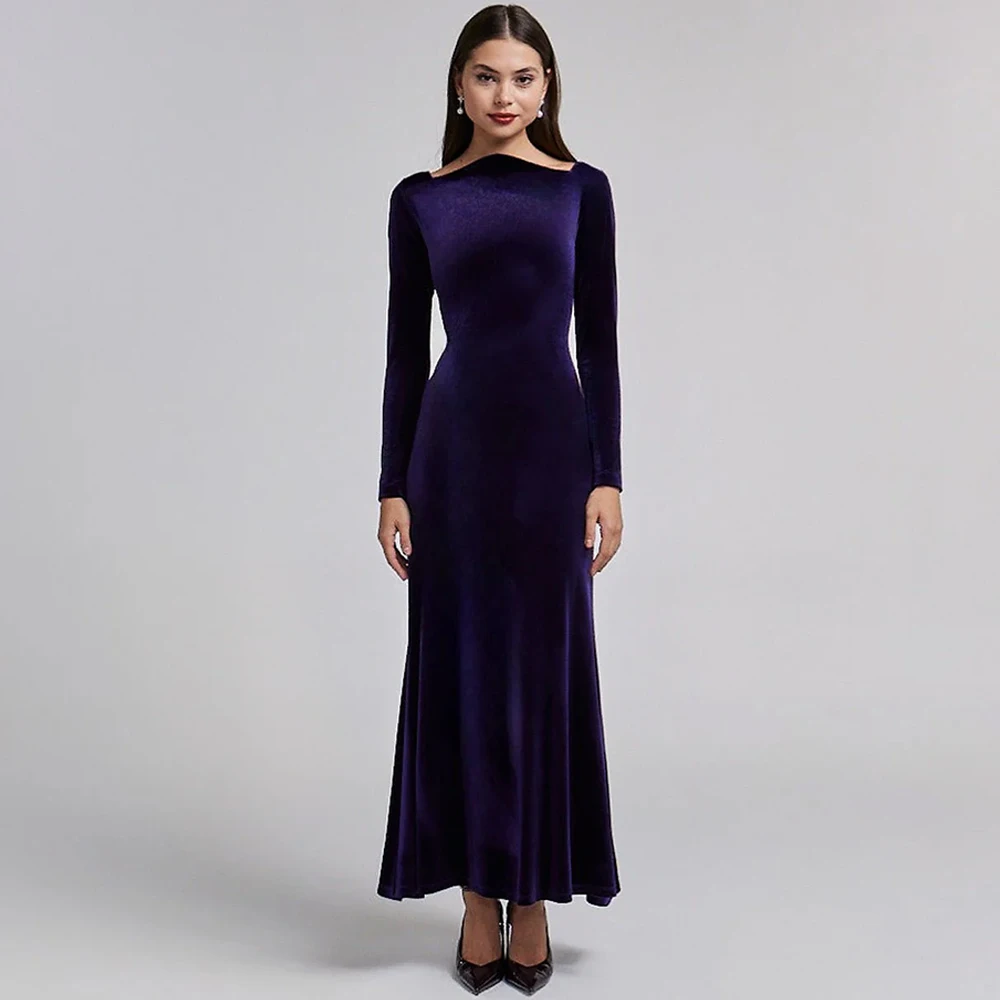 

Purple Velour A-Line Customized Evening Dress Square Collar Long Sleeves Homecoming Dresses Backless Special Occasion Gowns