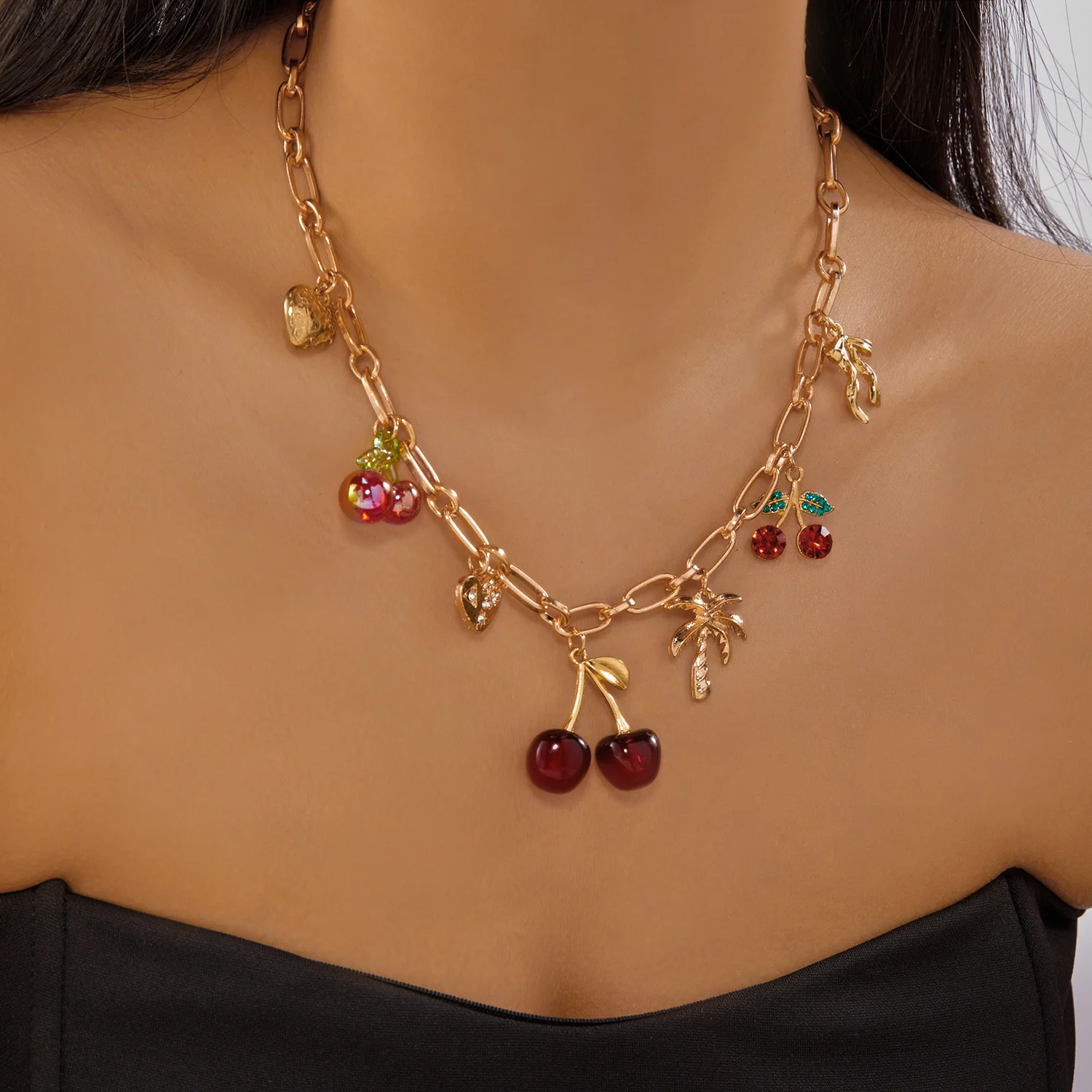 2026 Mode Charme Kirsche Herz Anhänger Halskette für Frauen Rote Erdbeere Bogen Perle Schlüsselbein Kette Ästhetischen Partei Schmuck – Detail 1