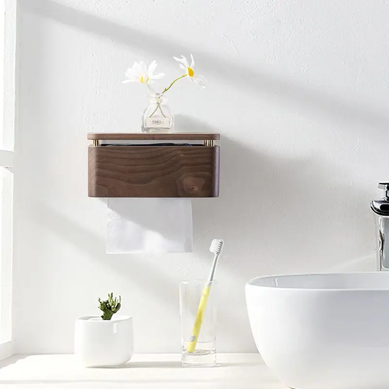 

‌ Держатель для салфеток из орехового дерева для ванной комнаты - настенный диспенсер для бумажных полотенец без дрели, современный ящик для хранения туалетной бумаги для спа-домашнего декора