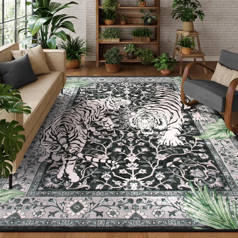 VIKAMA Boho Tiger Pattern Area Carpet Anti Slip Decorative Mat for Living Room Coffee Table Dining Room Bedroom Home Decoration