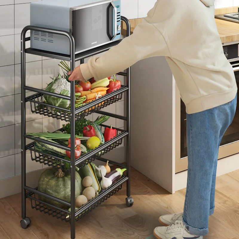 

Kitchen Basket Floor-to-ceiling Multi-functional Household Fruit Storage Mobile Vegetable Shelf Items Pantry Organizer Rack