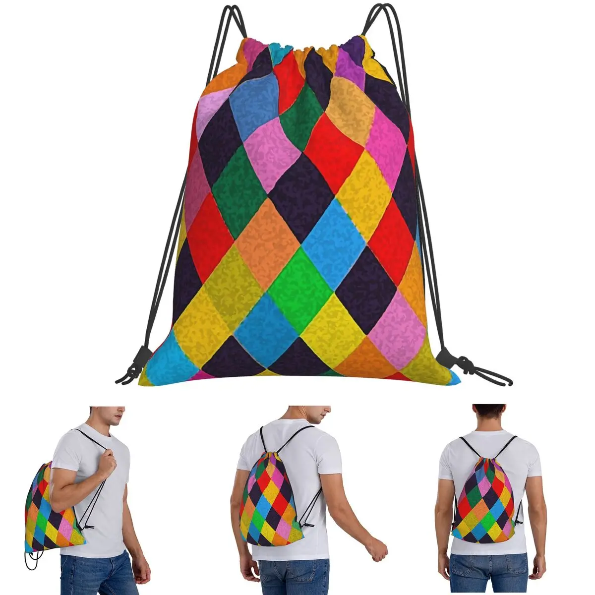 Mardi Gras Harlequin Plaid Playing Cards Rhombi Backpacks Casual Drawstring Bags Sports Bag Book Bags for Man Woman Students