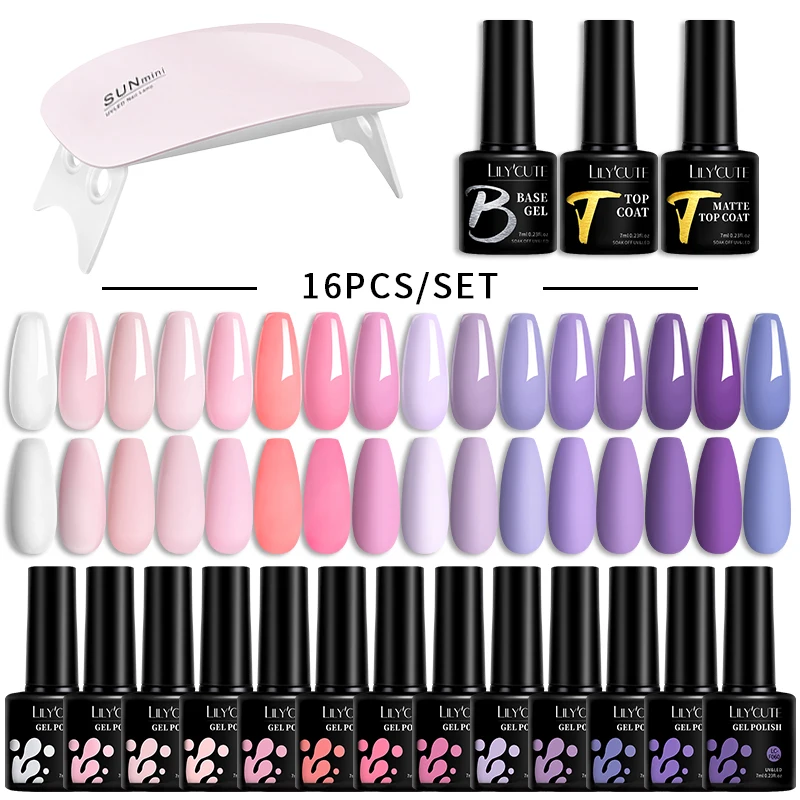 LILYCUTE 7ML Gel Nagellak Set Glitter Nagelgel Kit Met 6W UV Lamp DIY manicure Losweken Basis Matte Top Coat Nail Art Gel