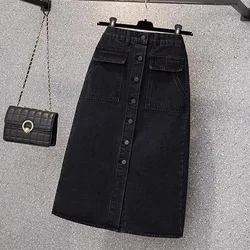 Oversized Women Black Denim Skirts Autumn New High Waist Single Breasted  A-line Ladies Skirts Elegant Slit Midi Jean Skirts