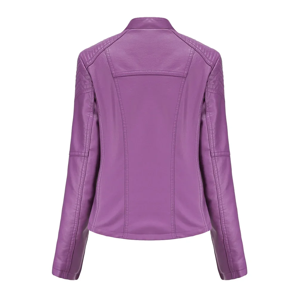 Jaket Kulit Sepeda Motor Wanita Musim Semi Musim Gugur Jaket Moto & Biker Hitam Ramping Ritsleting Kerah Lipat Wanita Kulit XQ3