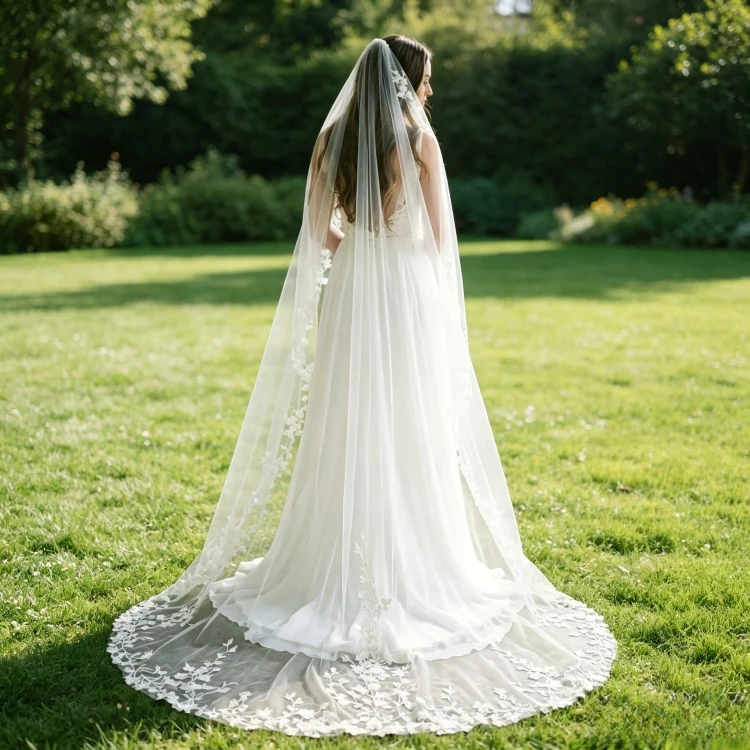 Wedding Veil Embroidered Flower Bridal Veil Handmade Long Veil Unique White Ivory Tulle Soft Mantila Eyelash Lace Edge