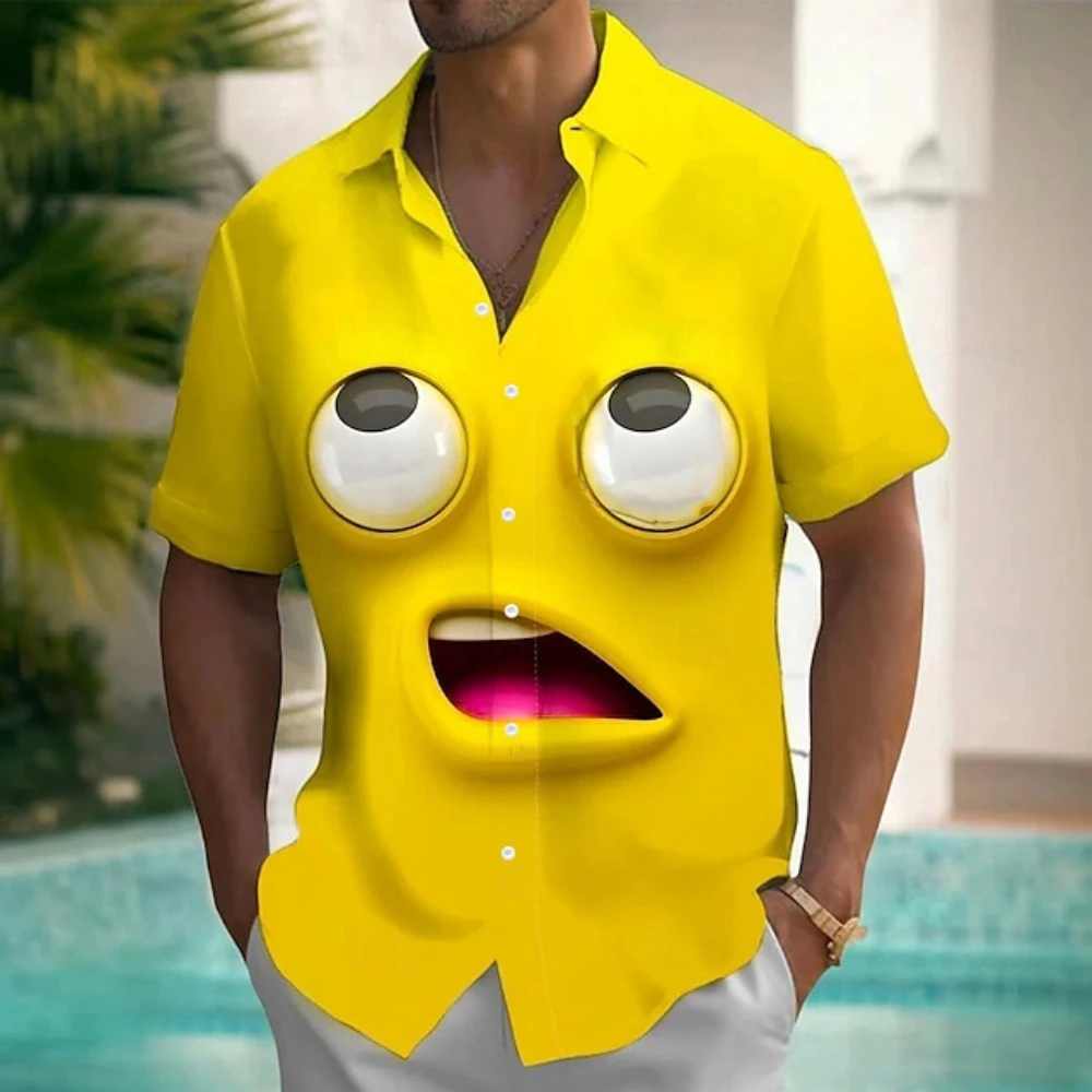 الكرتون الوجه المبتسم قميص رجالي الصيف قميص زر يصل قميص قصير الأكمام مضحك ابتسامة الجرافيك قمصان هاواي للرجال الملابس